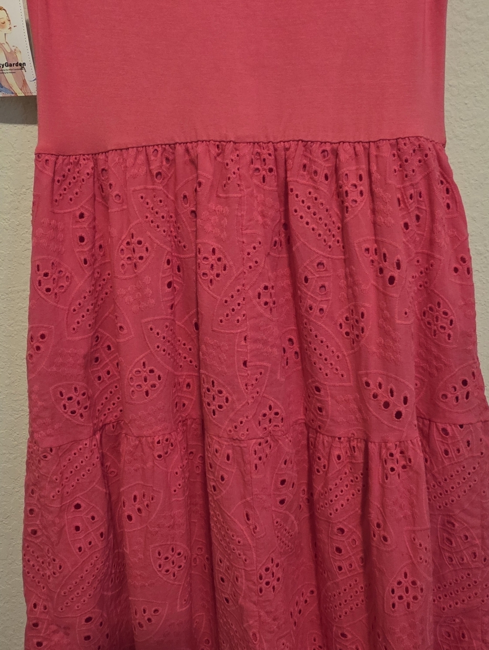 NWT Pretty Garden Hot Pink Eyelet Tiered Dress Ruched Tank Sleeveless Maxi Large - Picture 8 of 13